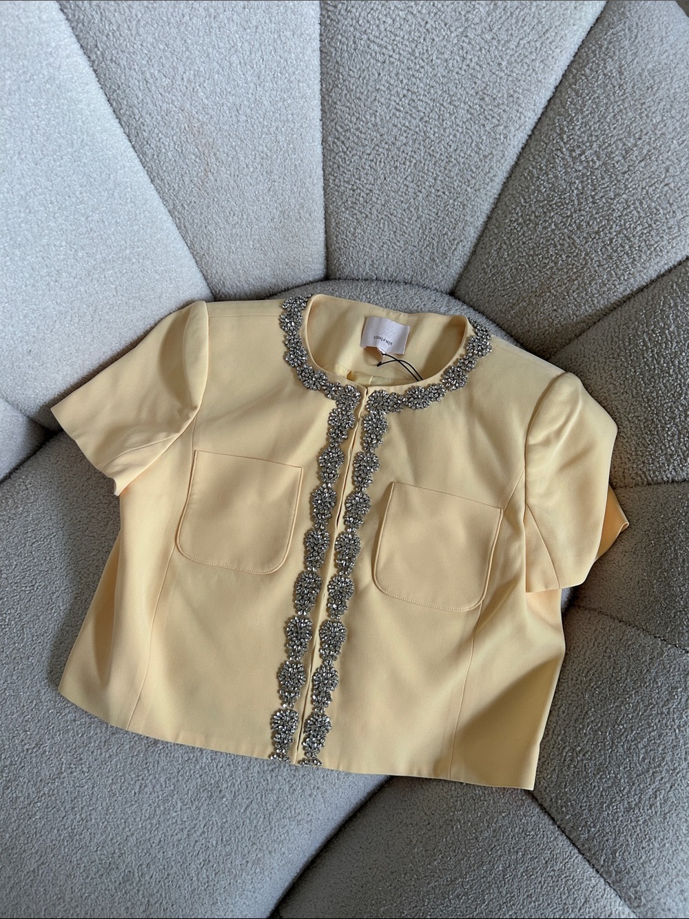 cinq a sept Pale Yellow Short-Sleeve Embellished Blouse